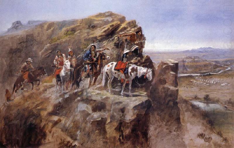 Indians on a Bluff Surverying General Miles-Troops, Charles M Russell